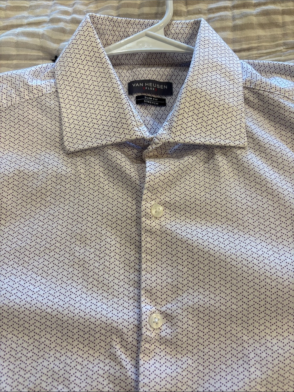Van Heusen Men’s White Dress Shirt with Purple Micro Dot Pattern